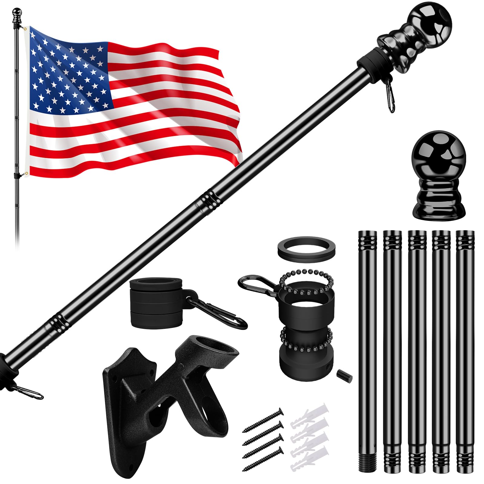 Photo 1 of American Flag with Pole for House Outside, Including 5Ft Heavy Duty Flag Aluminum Poles Kit and 100% Polyester 3x5 ft US Flag, No Tangle Spinning Pole and Multi-Position Flag Pole Bracket