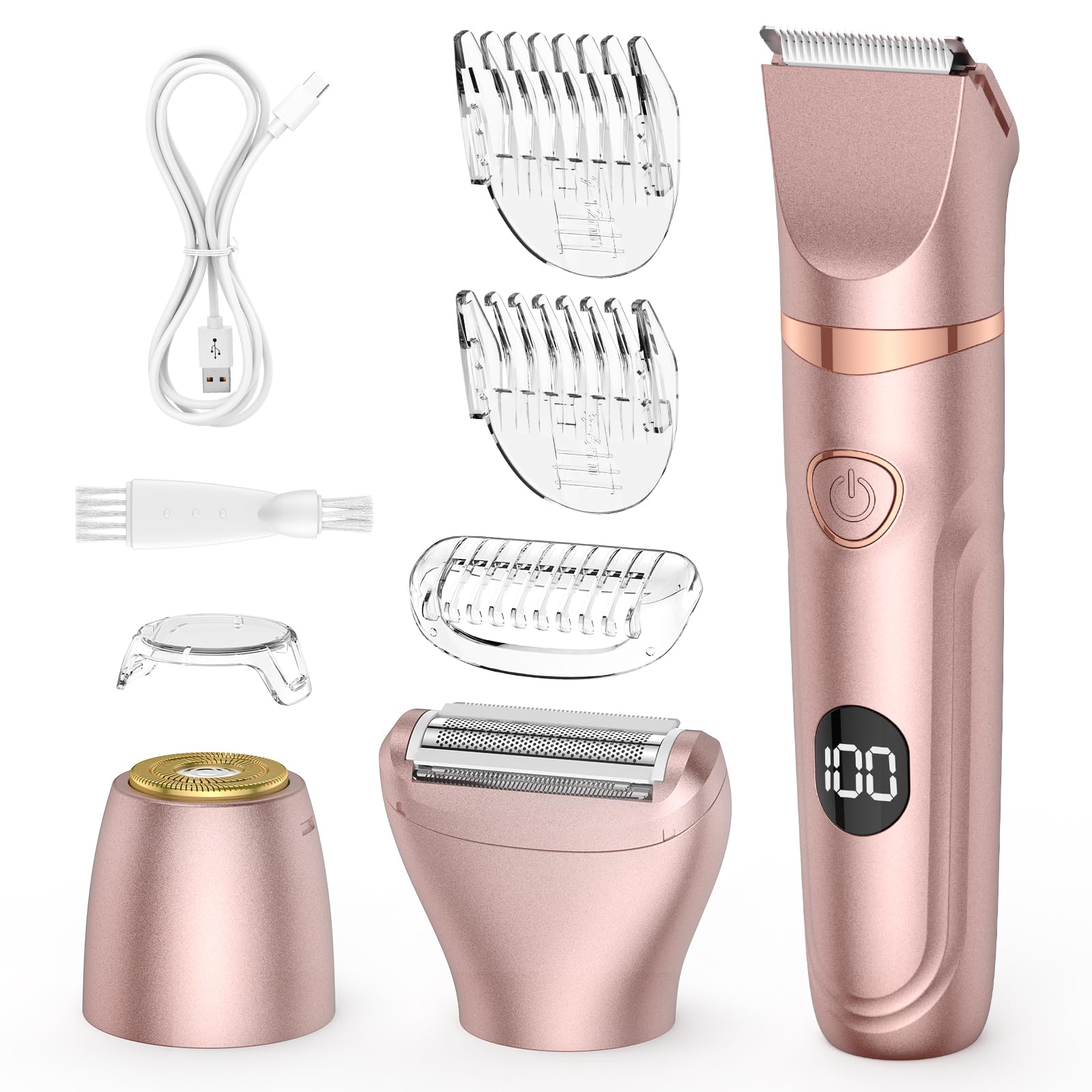 Lady Shaver für Frauen, 3-in-1-Bikini-Trimmer für Frauen zur Nass- und Trockenanwendung, elektrischer schmerzfreier Rasierer für Beine, Körper, Intimbereich und empfindliche Haut (Rose gold)