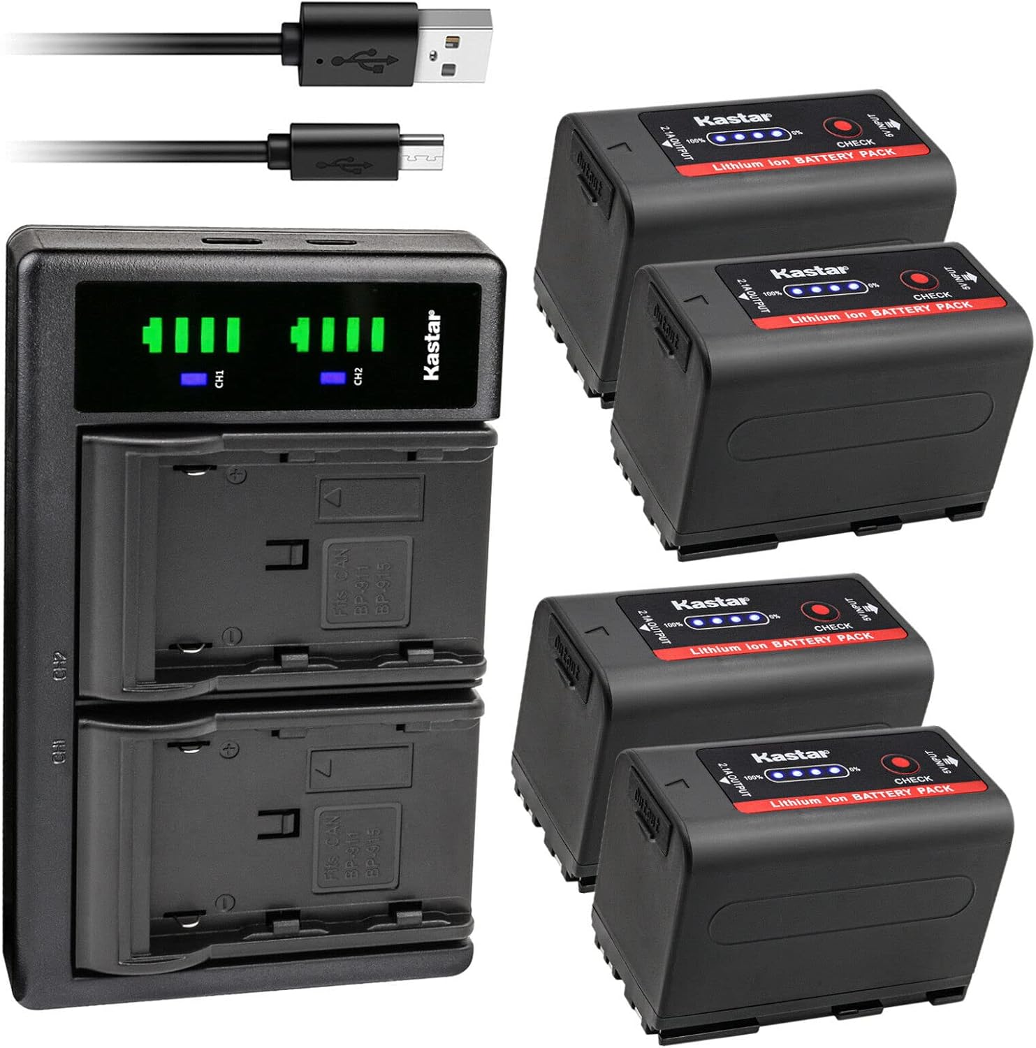 Kastar 4-Pack BP-950G Pro Battery and LTD2 USB Charger Compatible with Canon XF205, XF300, XF305, XH-G1 HDV, XH-G1S, XH-G1S HD, XL-H1A, XL-H1S, XL-H1S HD, RED Komodo 6K Digital Cinema Camera