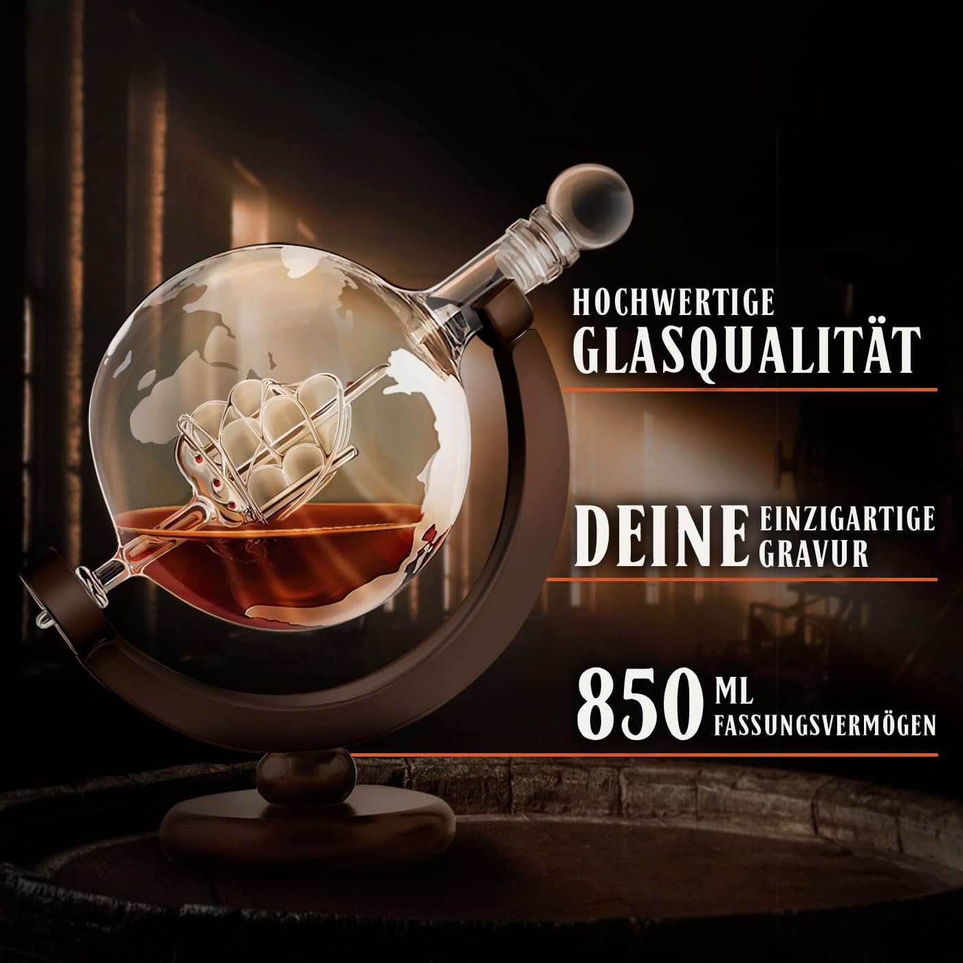 Maverton Whisky Karaffe mit Gravur, Globus mit Schiff, 850 ml + 6 Gläser
