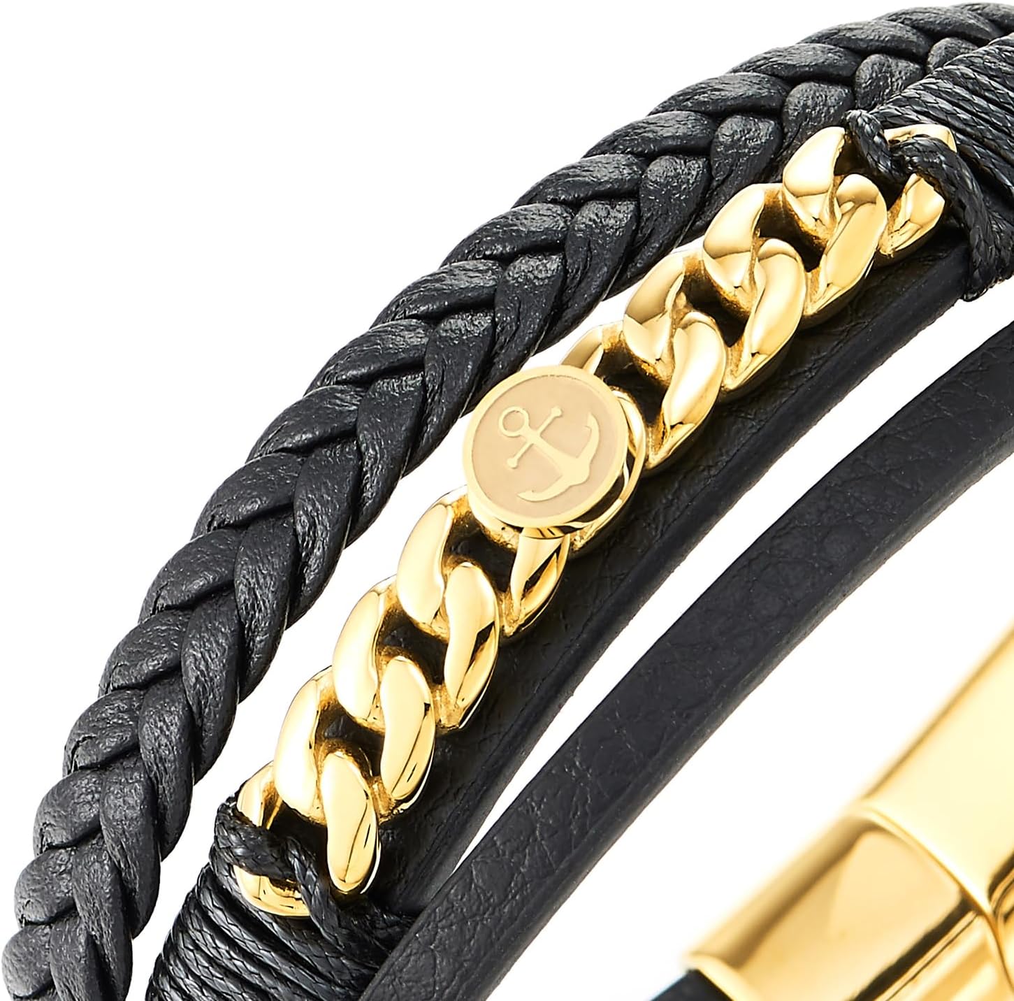 COOLSTEELANDBEYOND Men’s Black Braided Leather Bracelet with Gold-Tone Steel Chain Accent, Layered Modern Design