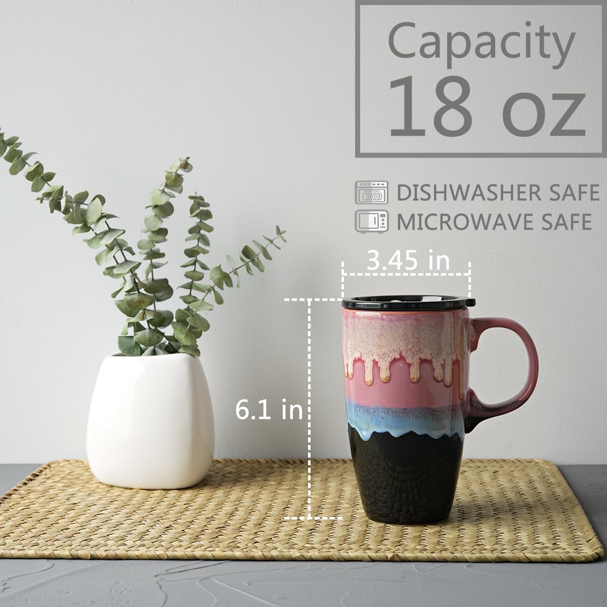 Bosmarlin Ceramic Travel Coffeel Mug with Handle and Lid, 18 oz, Portable Coffee Cup for Car Cup Holder, Microwave and Dishwasher Safe, Reactive Glaze (Pink) - Image 2