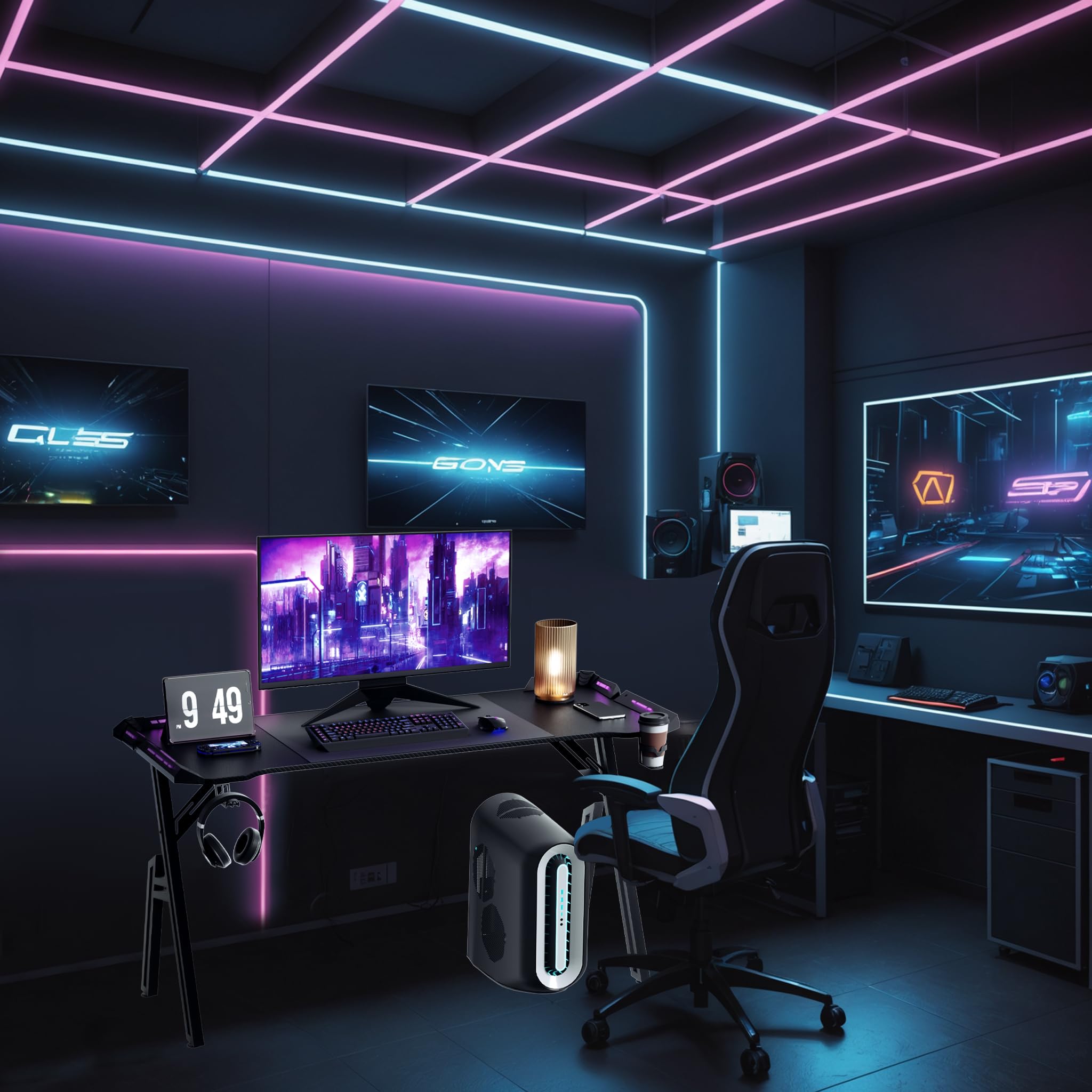 SUBTLETY Gaming Tisch 120x60cm A-Frame Schreibtisch mit Getränkehalter & Kopfhörer Haken Ergonomischer PC Computertisch Tragfähigkeit bis zu 100KG Gamingtisch für Büro