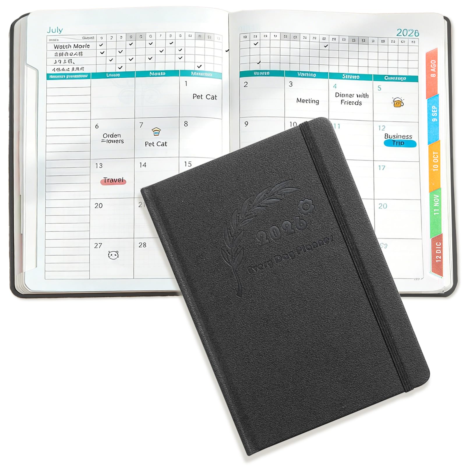 Rayakt 2026 Diary A5 Page A Day, Full Year Daily Planner 2026 with Tie, Hardcover Academic Diary 2026 with Monthly Overview, Month Calendar, Colorful Tabs, for Productivity & Organization (Black)