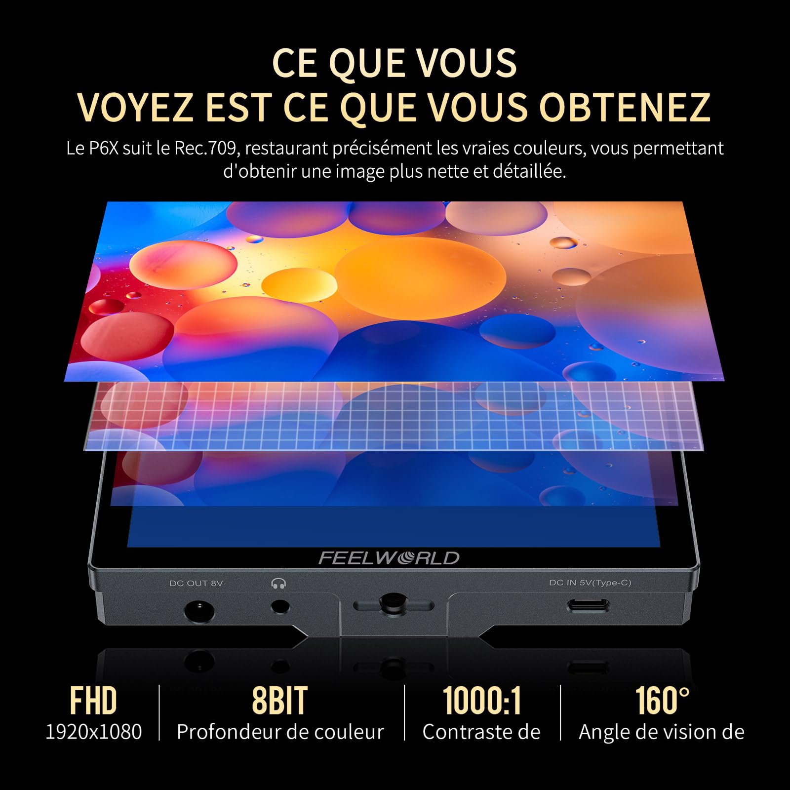 FEELWORLD P6X Moniteur Caméra Écran Tactile 5.5 Pouces 1000Nit Moniteur de Champ de caméra avec 4K 60HZ 3DLUT HDR Forme d'onde Boîtier Aluminium 9:16 Marqueur,Inclut Batterie et Sac