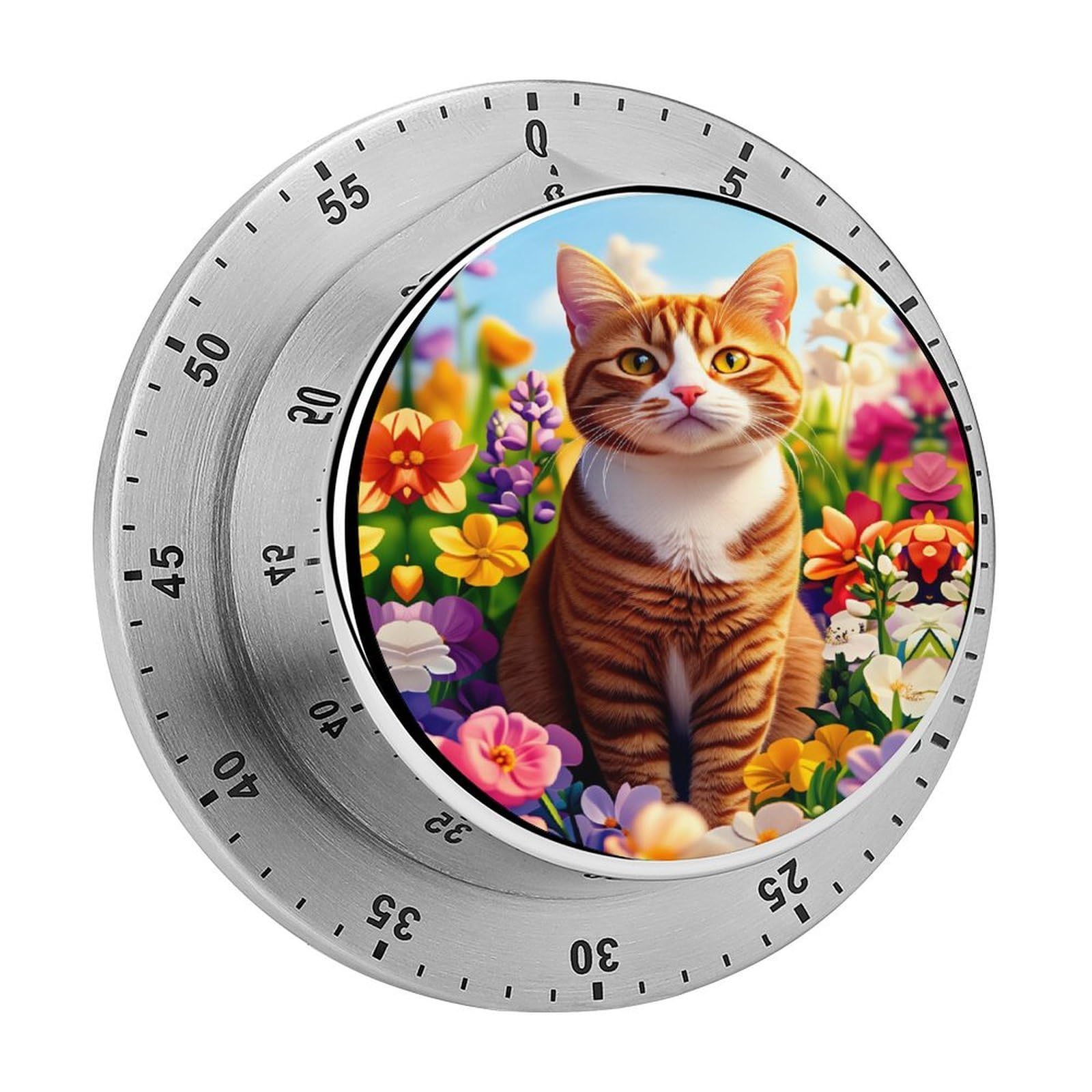 Orange Tabby Cat Spring Wildflower 60 Minute Wind Up Timer,Visual Mechanical Magnetic Timer with Loud Alarm for Kitchen