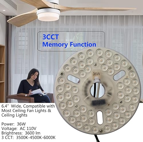 Miniatura 2 de Kit de luz LED de ventilador de techo de 36 W y 6.4 pulgadas, panel de luz LED de repuesto, motor de luz LED con función de memoria de temperatura
