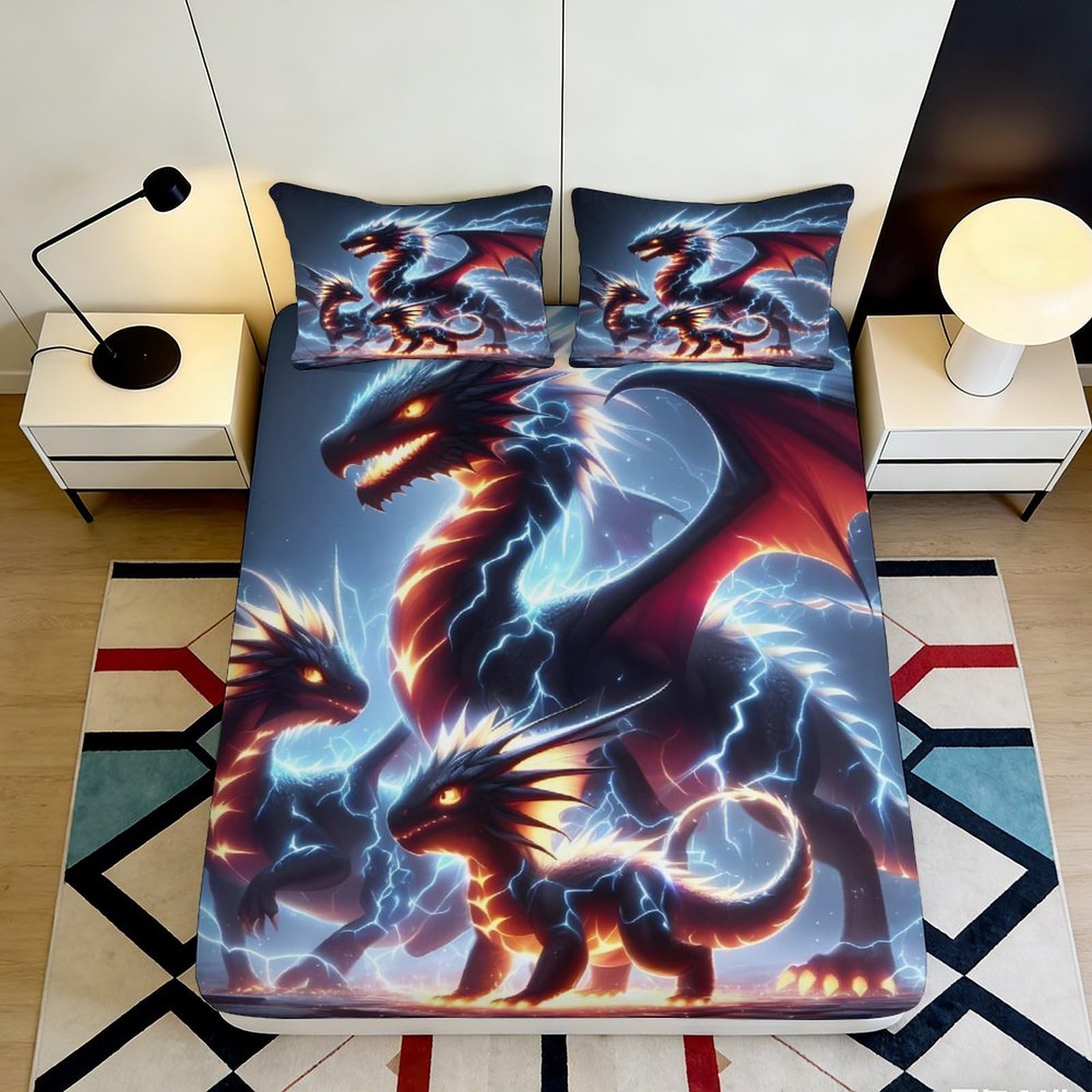 3D Printed Electric Dragon Fitted Sheet Microfiber Soft Breathable Fire Lightning Bed Cover for Bedroom Dorm Decor 90x200x25cm