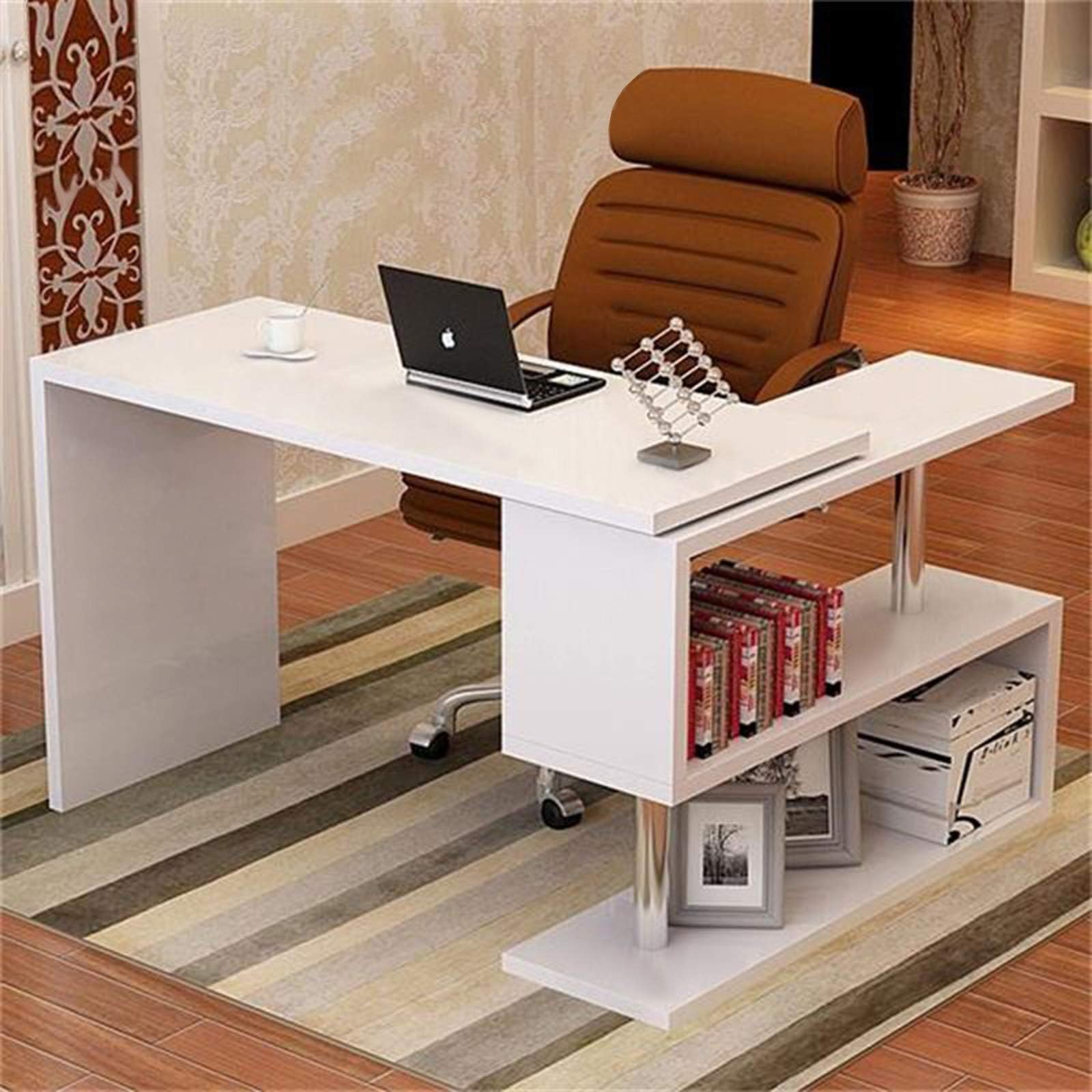 COSVALVE L-Shaped Rotating Desk Swivel Corner Computer Desk 40" Rotatable Writing Table Workstation W/Storage Bookshelves for Home Office