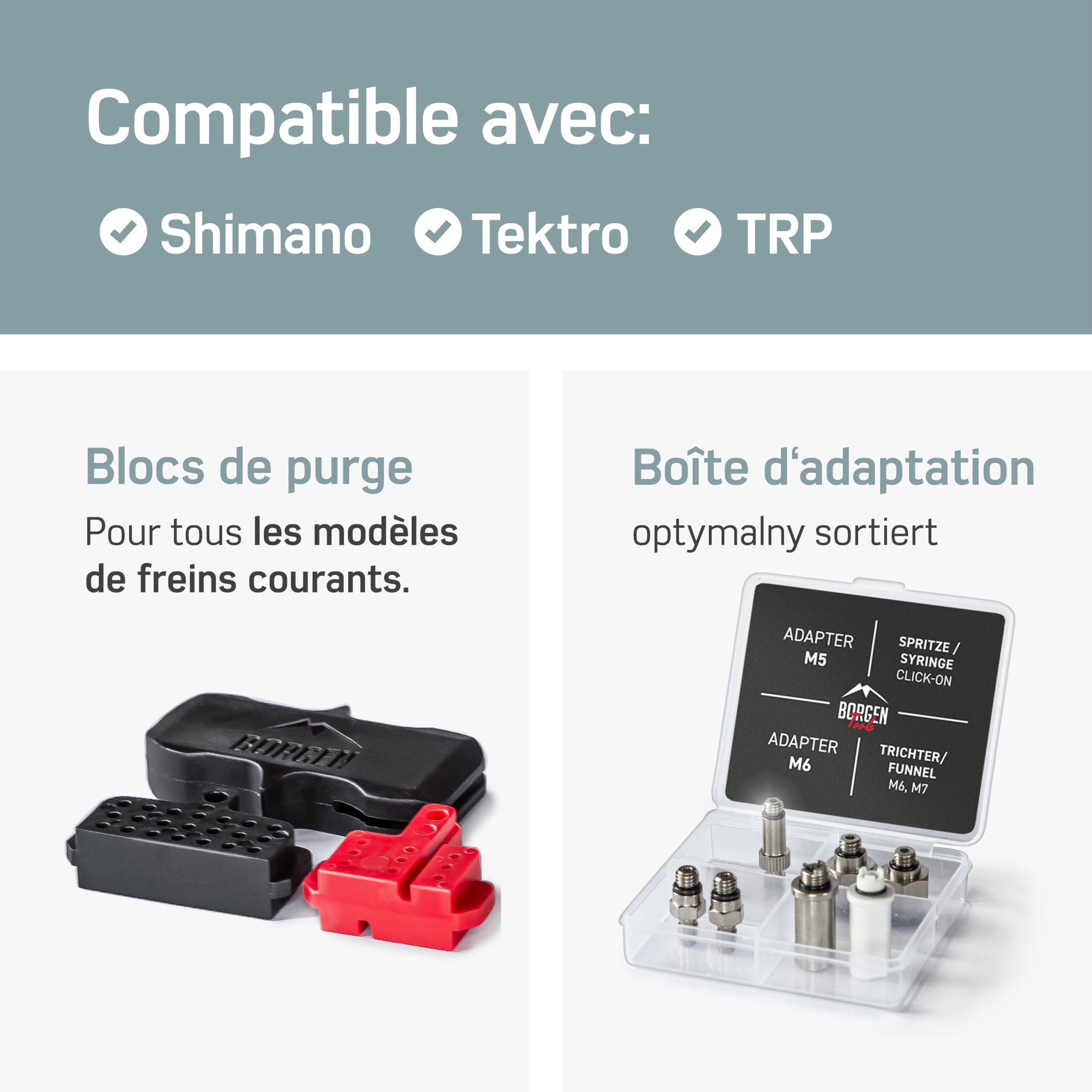 Borgen Pro kit Purge Freins vélos Disque Shimano, Tektro et TRP – Purgeur de Freins avec Instructions, 2× Huile minérale Liquide, Brake Bleed kit, kit Purge Freins