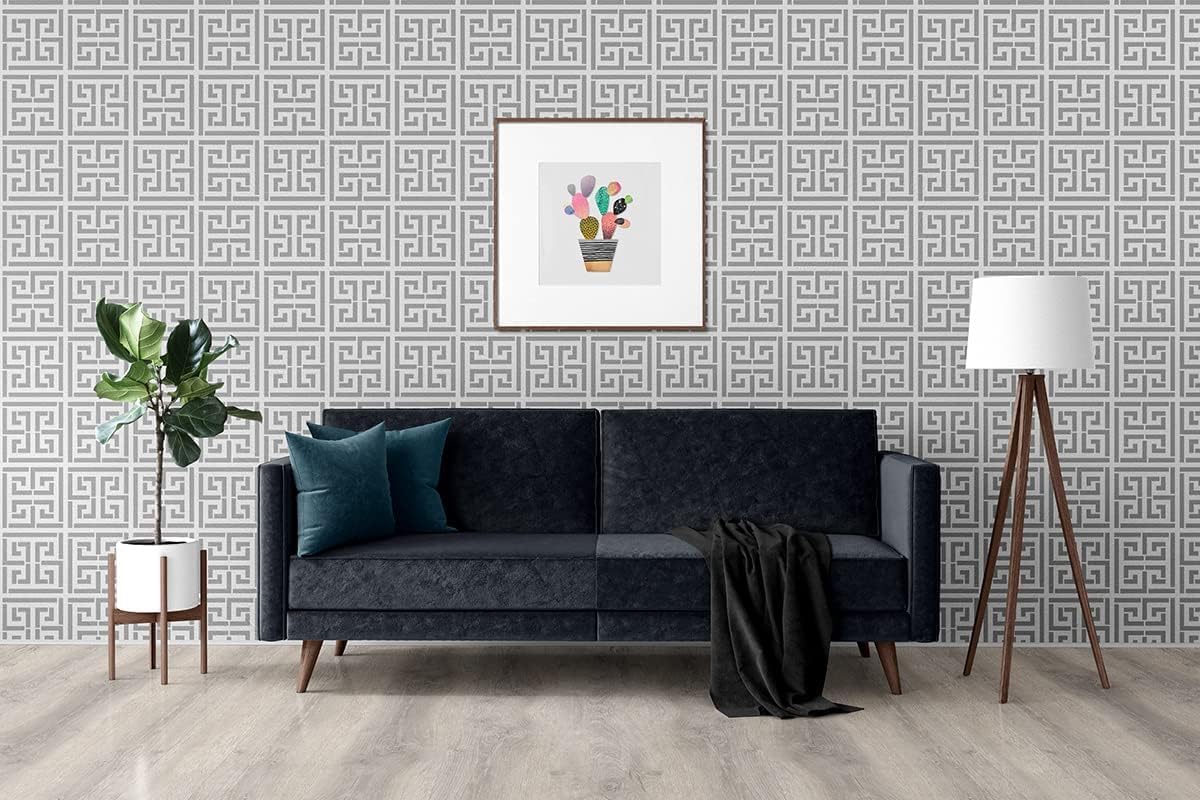 17.7"x236.0"Greek Key Peel and Stick Wallpaper Modern Classic Geometric Trellis Self Adhesive Wallpaper Silver/White Textured Vinyl Contact Paper Washable