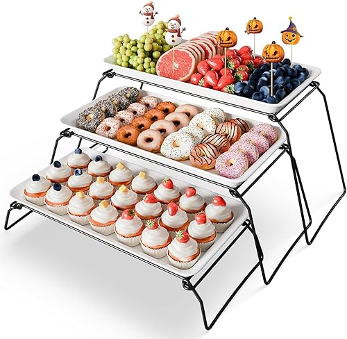Juego de bandejas de melamina extra grandes de 3 niveles y soporte para cupcakes para eventos de fiesta, platos de 17 pulgadas con soporte