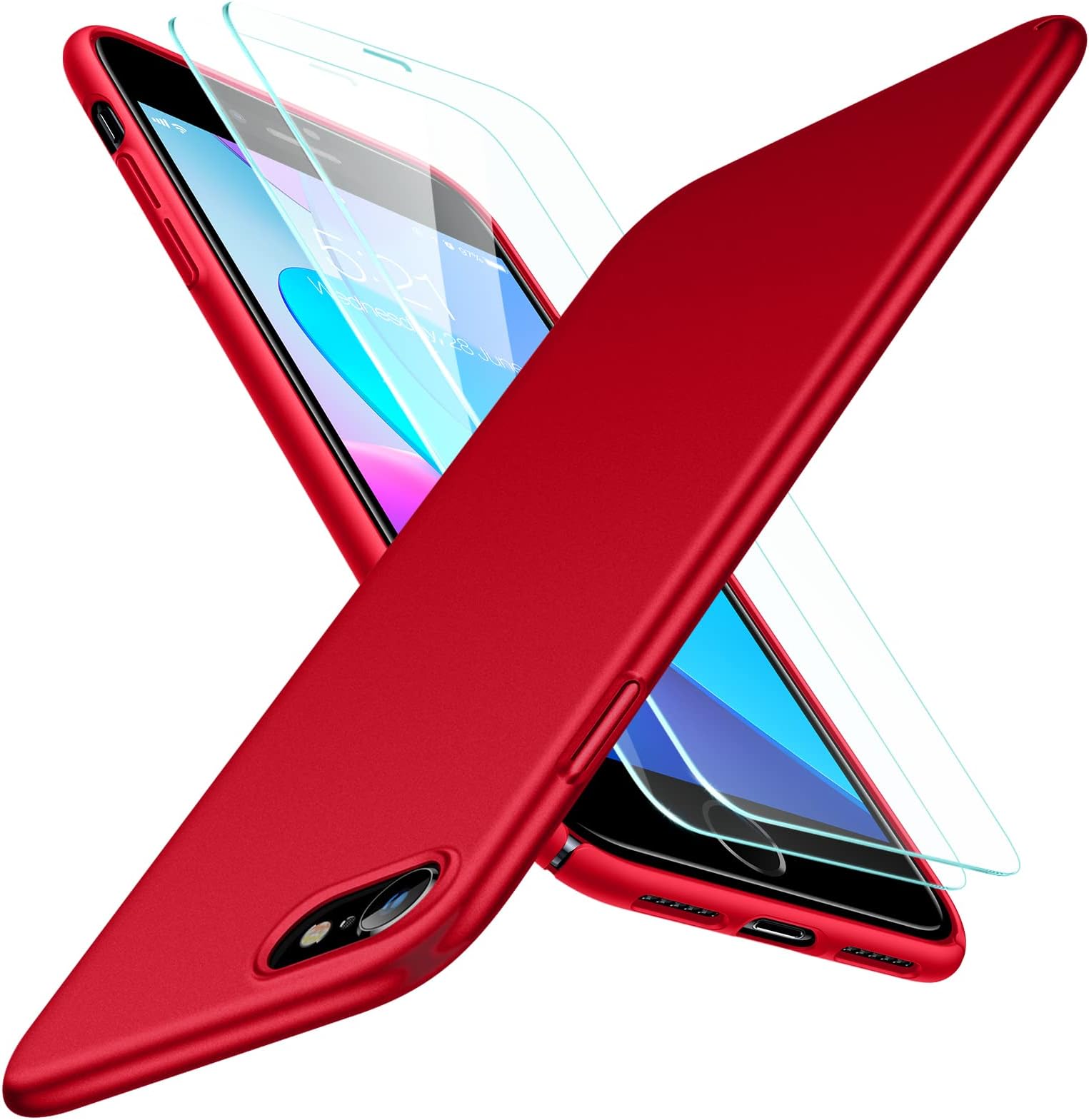 TORRAS iPhone 7 Case, iPhone 8 Case, Ultra-Thin Case with [Tempered Glass Screen Protector], Simple Stylish Fully Protective Matt Cover for iPhone 7 (2016) / iPhone 8 (2017) - Red