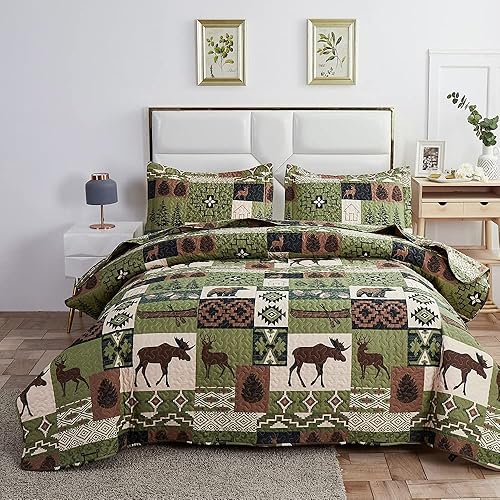 Tigona Juego de edredón rústico reversible, tamaño King, juego de ropa de cama de alce y oso, colcha de microfibra clásica a cuadros, colcha de