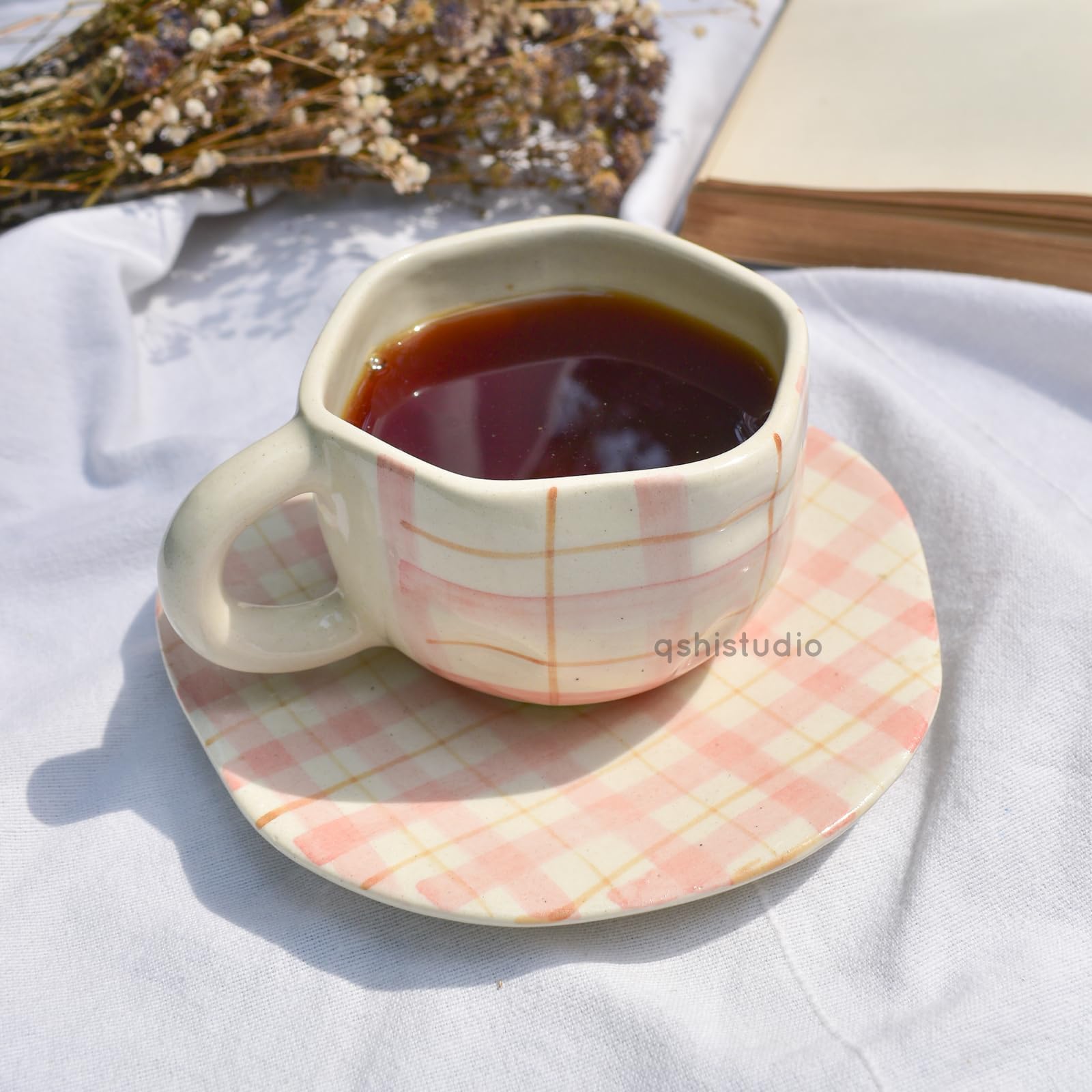 Ceramic Coffee Mug & Saucer Set - Cozy Checks | Tea Kettle Cup and Saucer Set | Ideal for Everyday Tea and Coffee | Hosting Tea Service with Friends & Family 200 ml