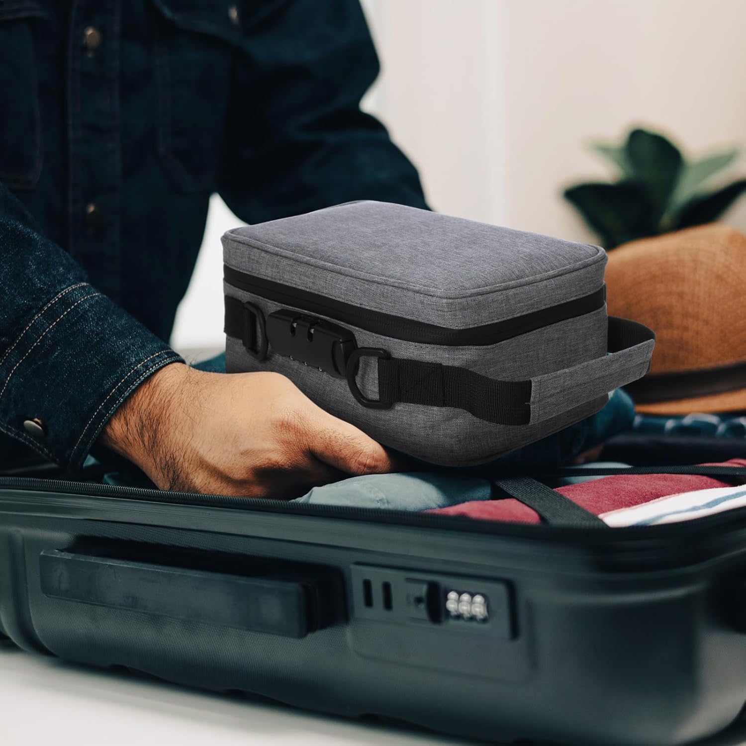 Large Storage Bag with Combination Lock Portable Large Capacity Security Storage Bag Travel Organization Case with Tray Container Jar Tubes Seal Pouches for Home Travel Accessories(Gray)