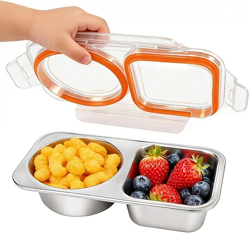 Recipientes de acero inoxidable con tapa, reutilizables, con 2 compartimentos, contenedores de almacenamiento de alimentos de 13 onzas, a prueba de