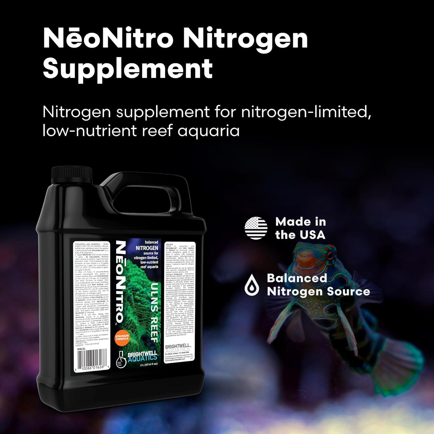 Brightwell Aquatics NeoNitro Balanced Nitrogen Supplement - Reef Nutrient Enhancer for Ultra-Low Nutrient Systems - Aquarium Water Treatments, 67.6 fl oz