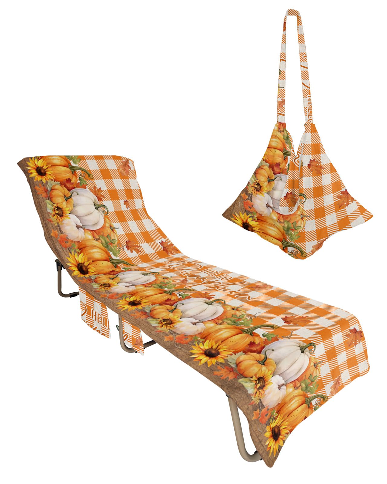 Pumpkin Beach Chair Towel Covers for Chaise Lounge With Side Pocket, Soft Plush Pool Towels Cover for Patio Sunbathing Outdoor 29''x85'' Thanksgiving Sunflower Buffalo Orange
