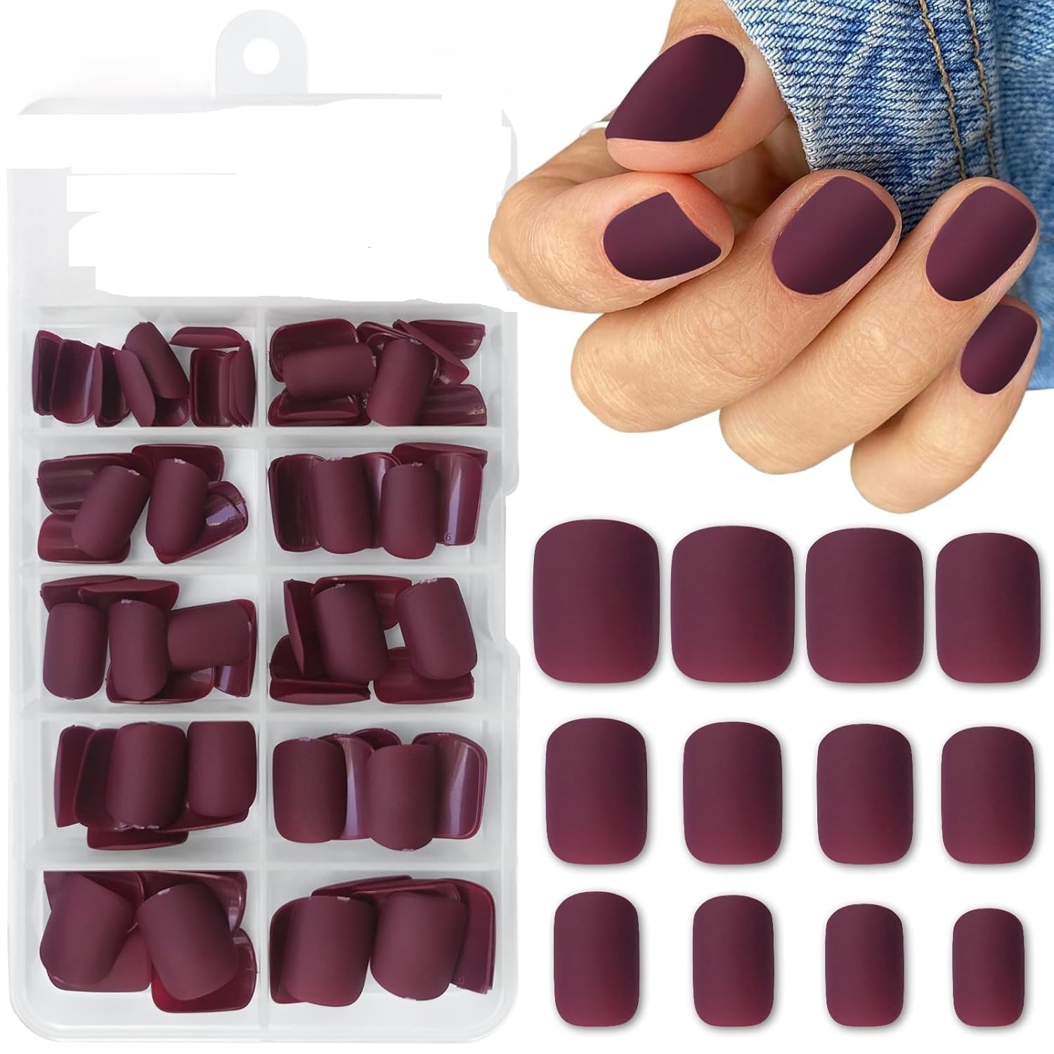 Short Square Press on Nails, 24Pcs Matte Color Fake Nails Full Cover Acrylic Glue on Nails Artificial False Nail with Adhesive Tabs for Women Girls Fingernails Design, Burgundy Nails-image-26