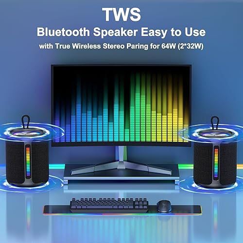 Miniatura 5 de Altavoces Bluetooth inalámbricos portátiles, sonido estéreo de pico de 50 W, altavoz de ducha impermeable IPX7 con graves profundos, luz RGB,