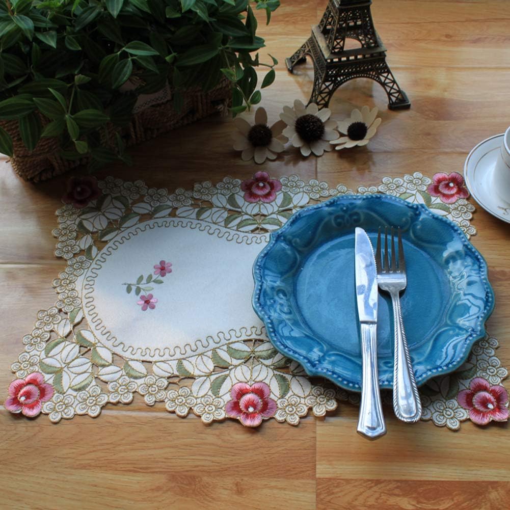 HOLY HOME Placemat, 100% Polyester Embroidery Lace Rose Pastoral Table Mats Set of 6 (6pcs placemats, Pink)