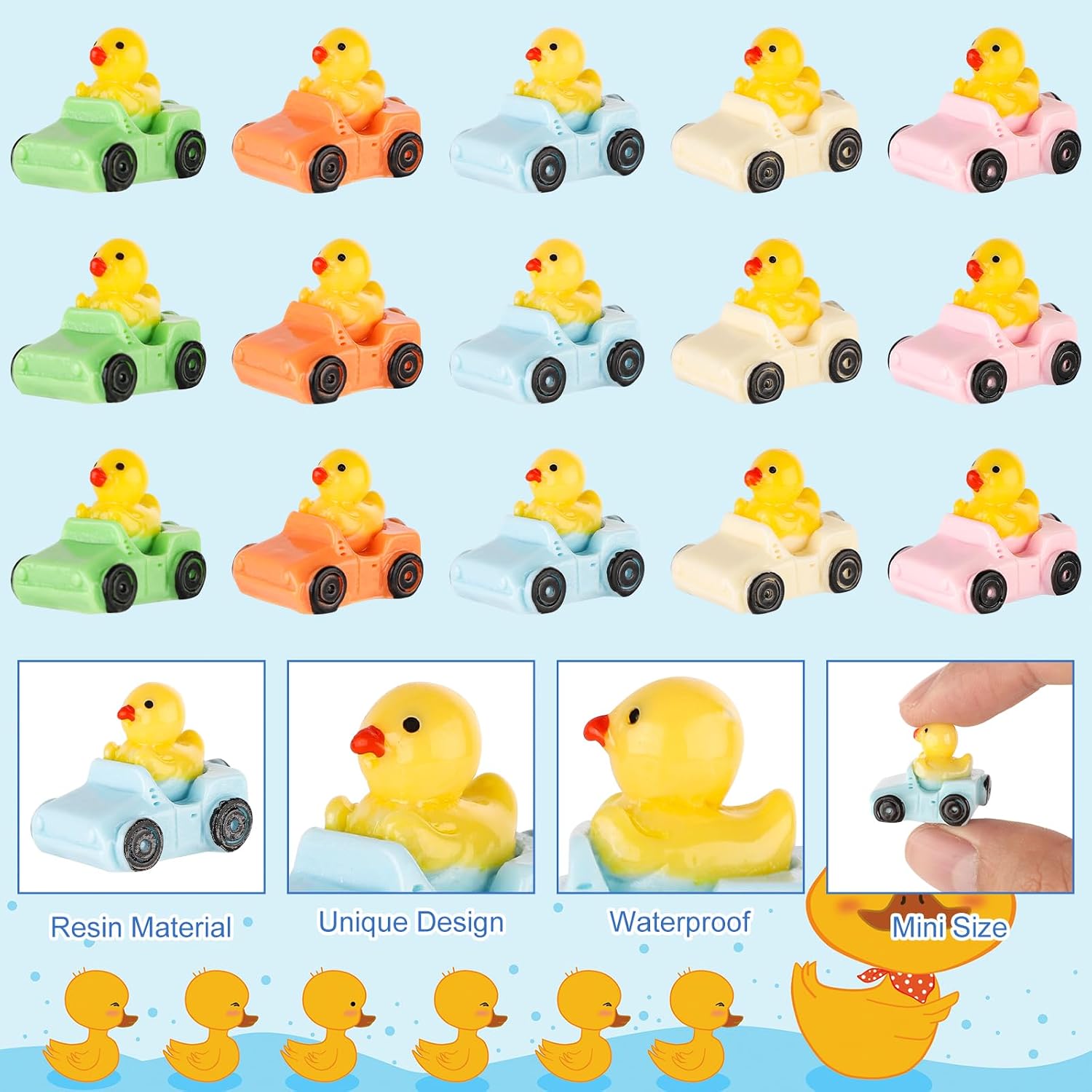 Tinoaly 50pcs Mini Resin Ducks, Novel Ducks in a Car Miniature Resin Ducks Funny Tiny Duck Cute Small Duck Toys for Home Car Office Decor Festival Party Gifts (5 Colors)
