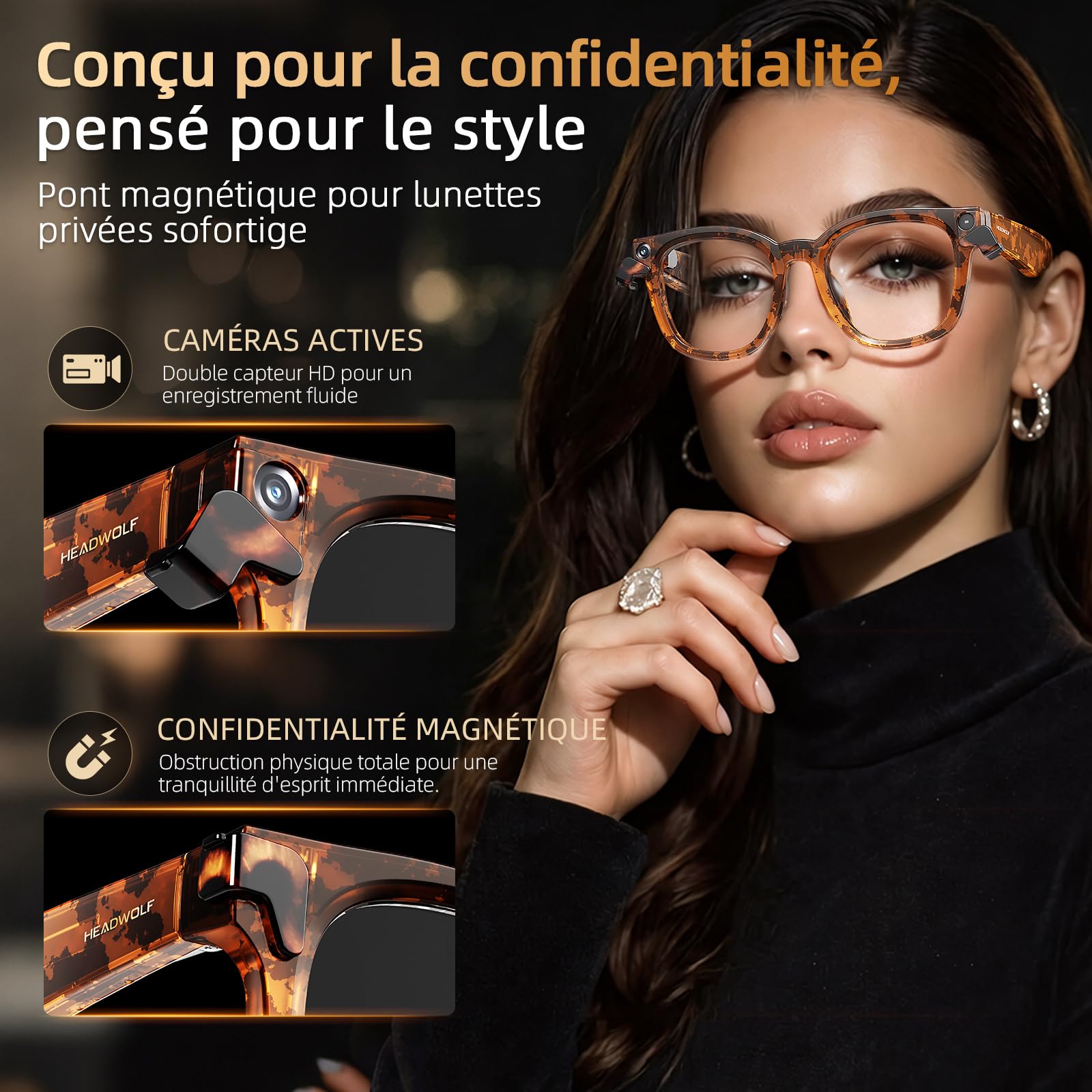 Headwolf Lunettes intelligentes caméra 8MP, Cache de confidentialité magnétique, Reconnaissance visuelle, Traduction IA, Audio Bluetooth à Oreille Ouverte pour Voyage, Travail et Usage Quotidien