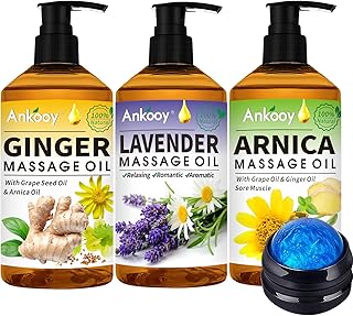 3 Pack Massage Oil for Massage Therapy with Massage Roller Ball,Ginger Oil Lymphatic Drainage & Arnica Sore Muscle & Laven...