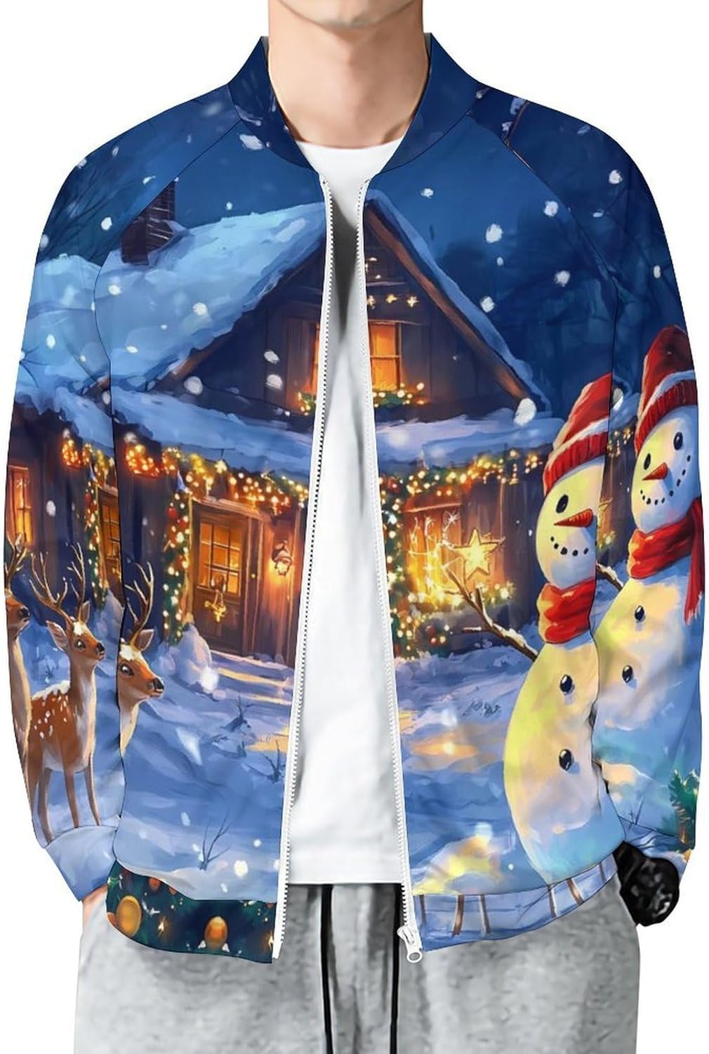 Christmas Deer Snowy Men's Zip Up Sweatshirt Casual Sweater Jackets Long Sleeve Tops Lightweight Coat