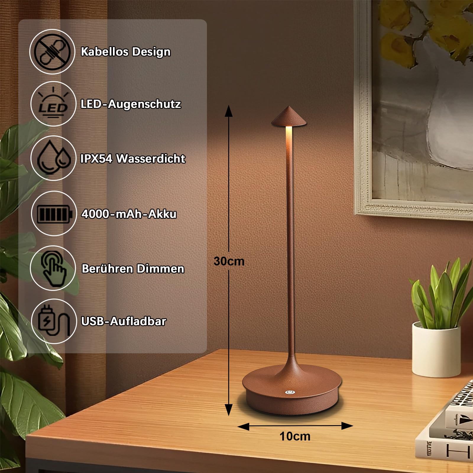 Leomix Kabellos LED Tischleuchte Kabellose Akku Tischlampe Aufladbar 4000mAh Tischlampe Touch Dimmbar Outdoor Tischlampe IP54 Wasserdicht für Restaurant/Bar/Garten/Balkon/Esstisch
