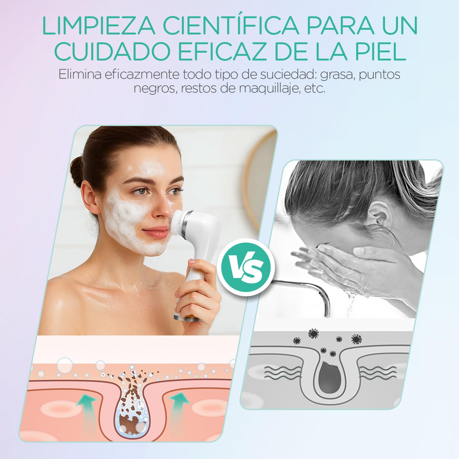 VOYOR Cepillo Limpiador Facial para Limpieza Profunda y Exfoliación Limpiador Facial Electrico con Tres Cabezales de Recambio Diferentes Cepillo Facial Impermeable Tres Velocidades Ajustables FB101