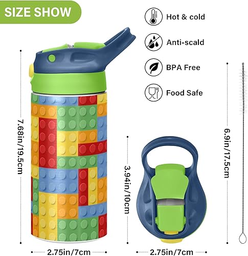 Miniatura 3 de Botella de agua pequeña para niños, 12 onzas, bloques de construcción, botella aislada con tapa con pajilla, vaso de acero inoxidable, vaso térmico