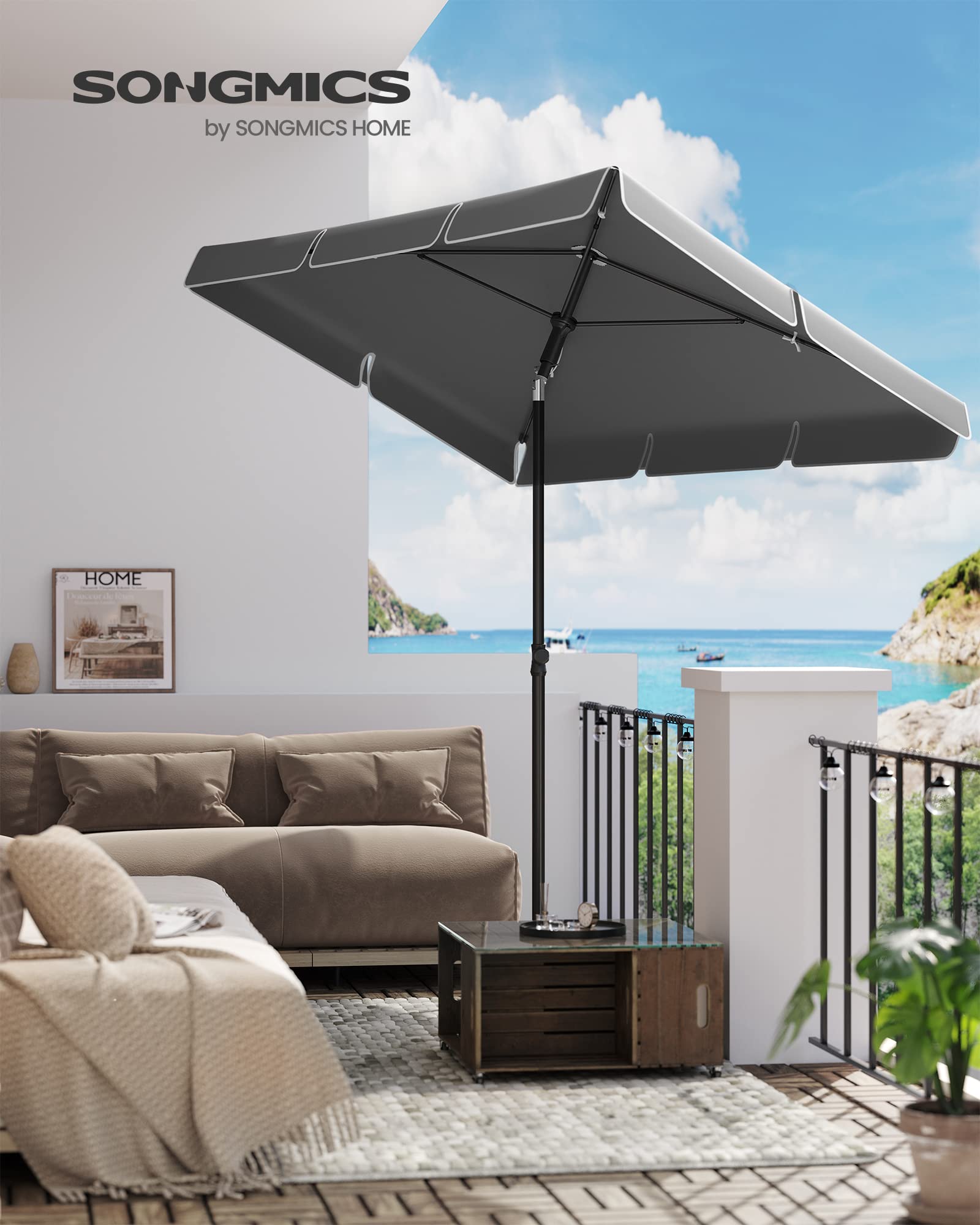 SONGMICS Sonnenschirm 200 x 125 cm, Balkonschirm UPF 50+, Sonnenschutz, beidseitig um 30° knickbar, höhenverstellbar, mit Aufbewahrungstasche, für Garten, Terrasse, ohne Ständer, grau GPU25GY