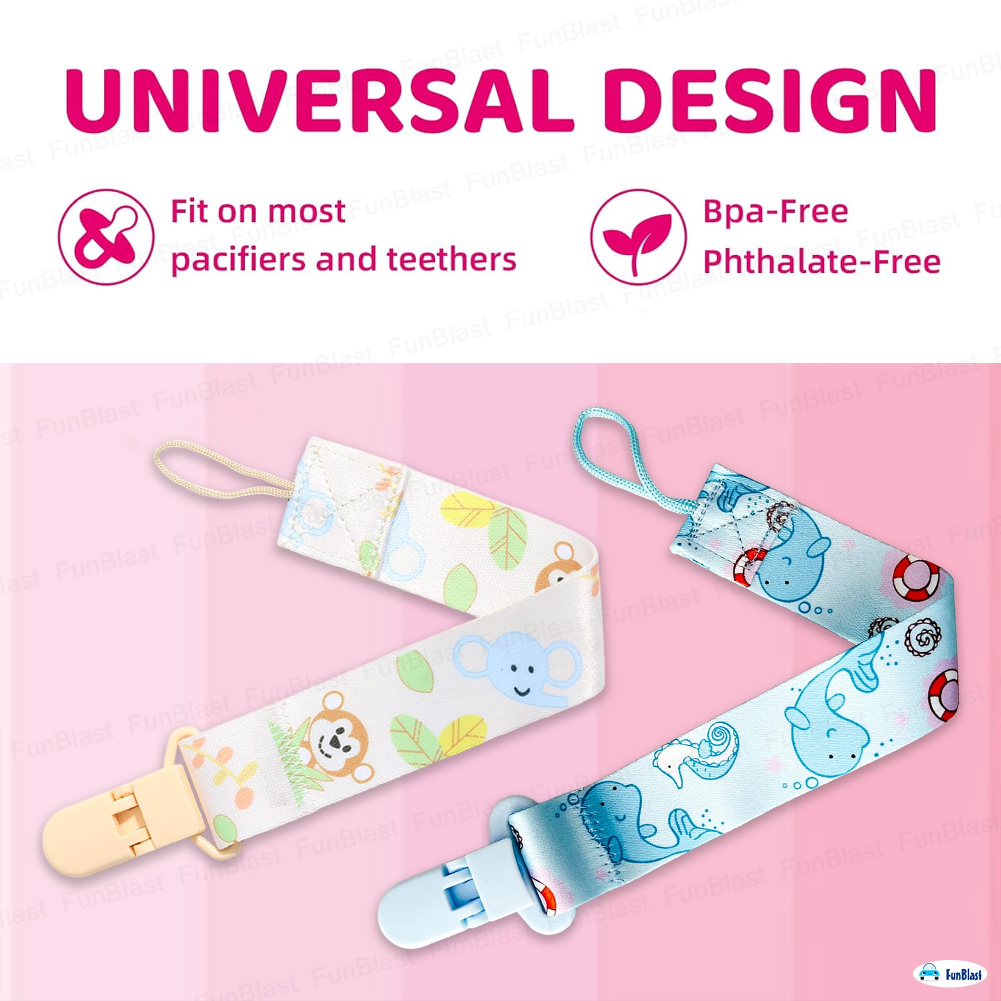FunBlast Baby Pacifier Clips - Pack of 2 Universal Holder Leash for Teether Toy Teething Ring Soothie, Paci Holder with Clip for 0+ Months Babies, Newborn, Toddlers (Random Color and Design) - Image 2 thumbnail
