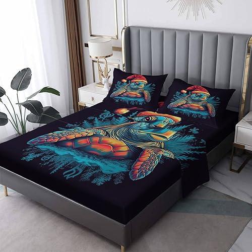 Sábanas de tortuga de Navidad tamaño California King, sábanas de cama de animales marinos de Navidad, microfibra suave, bolsillo profundo, sábanas y