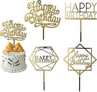 Gold Happy Birthday Cake Topper, 4 Pcs Acrylic Cake Decorations Multi-style Birthday Cake Topper Set Suitable for All Kinds Of Birthday Party Anniversary Cake Pastry Decoration Supplies