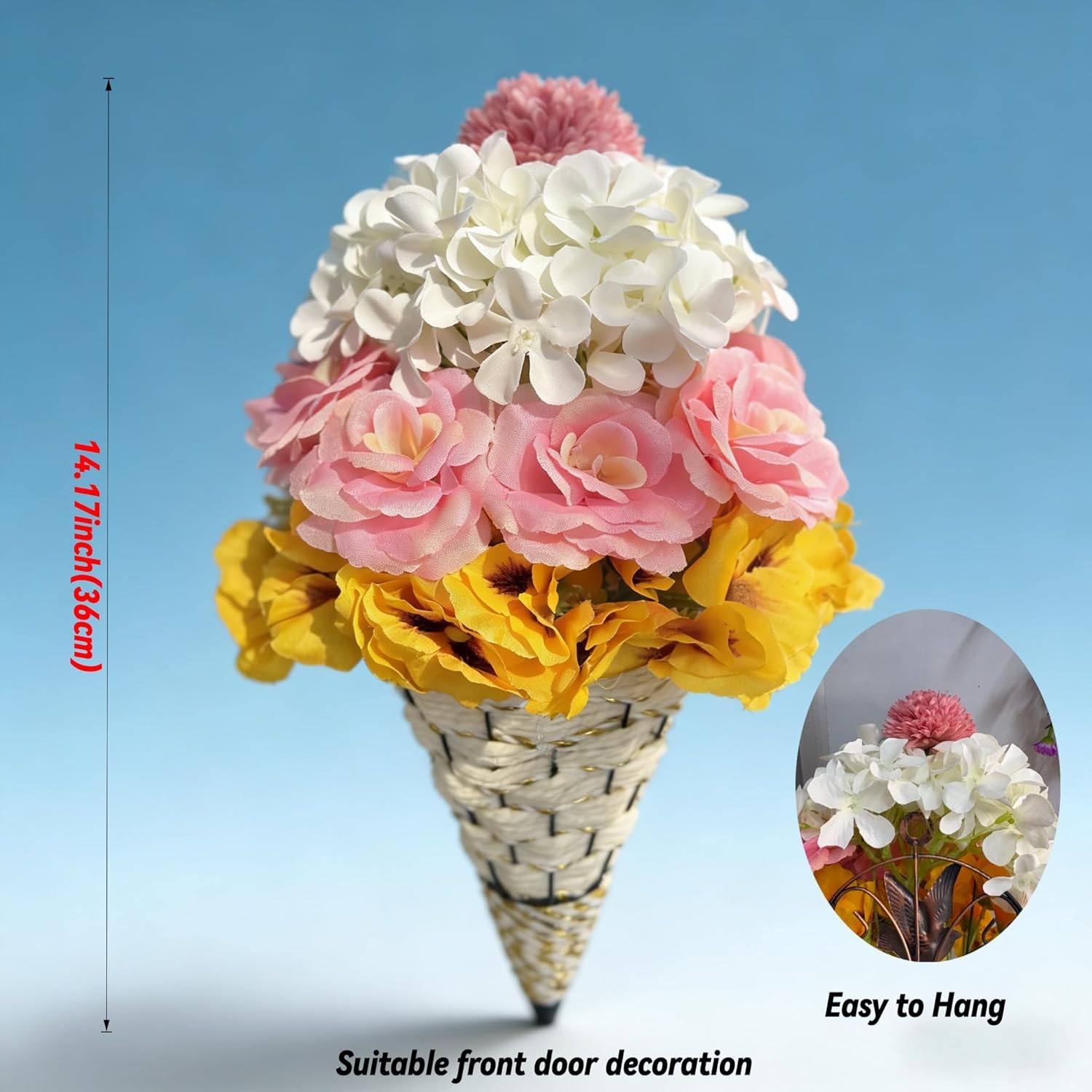 Ice Cream Cone Wreath for Front Door – Artificial Pansy, Rose, Hydrangea & Dahlia Floral Cone Decor – Rustic Summer Hanging Flower Basket for Porch – UV Resistant Pink Yellow White