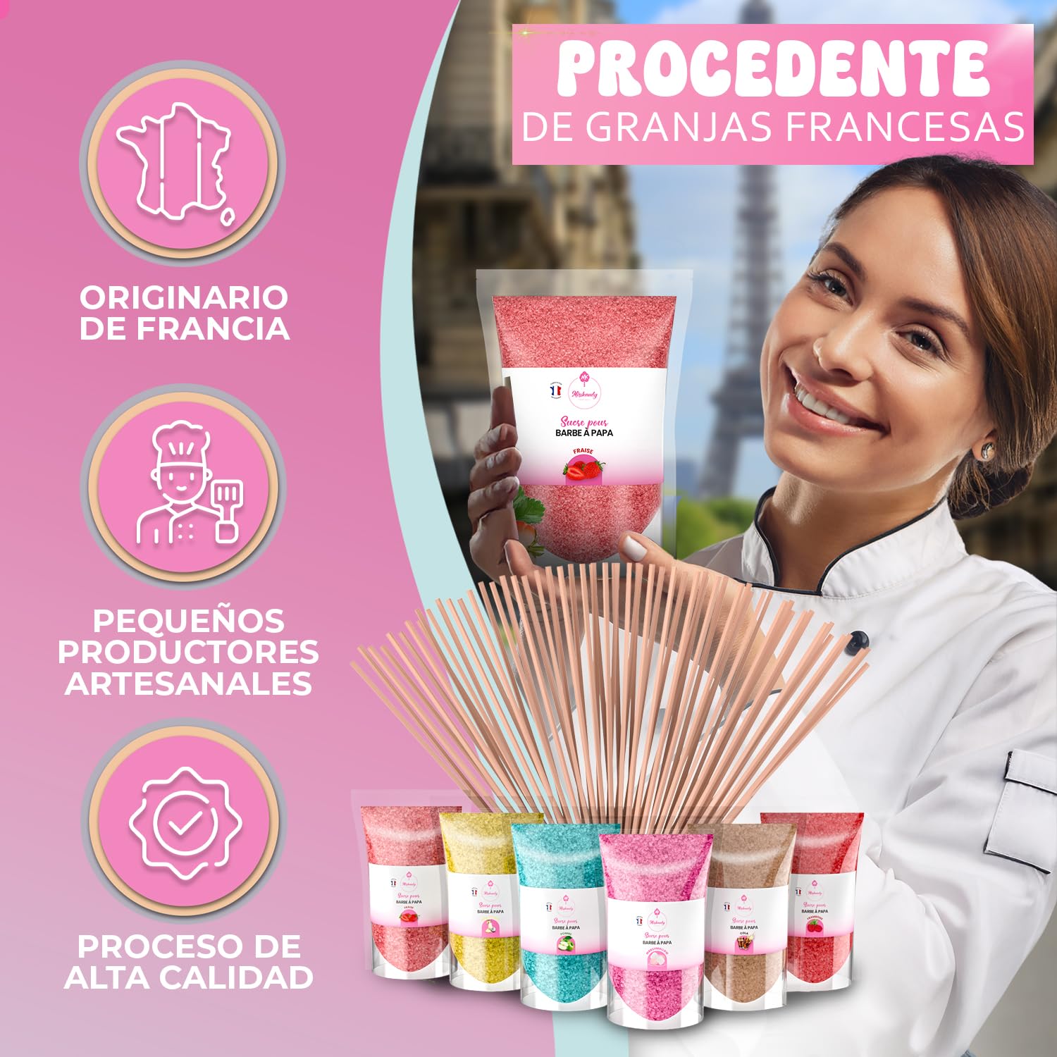 Misskandy, algodón de azúcar para la máquina (6 * 160 Gr) / sabores:fresa,pina colada, manzana, malvavisco, cola, frambuesa + 20 barritas de (30 cm)