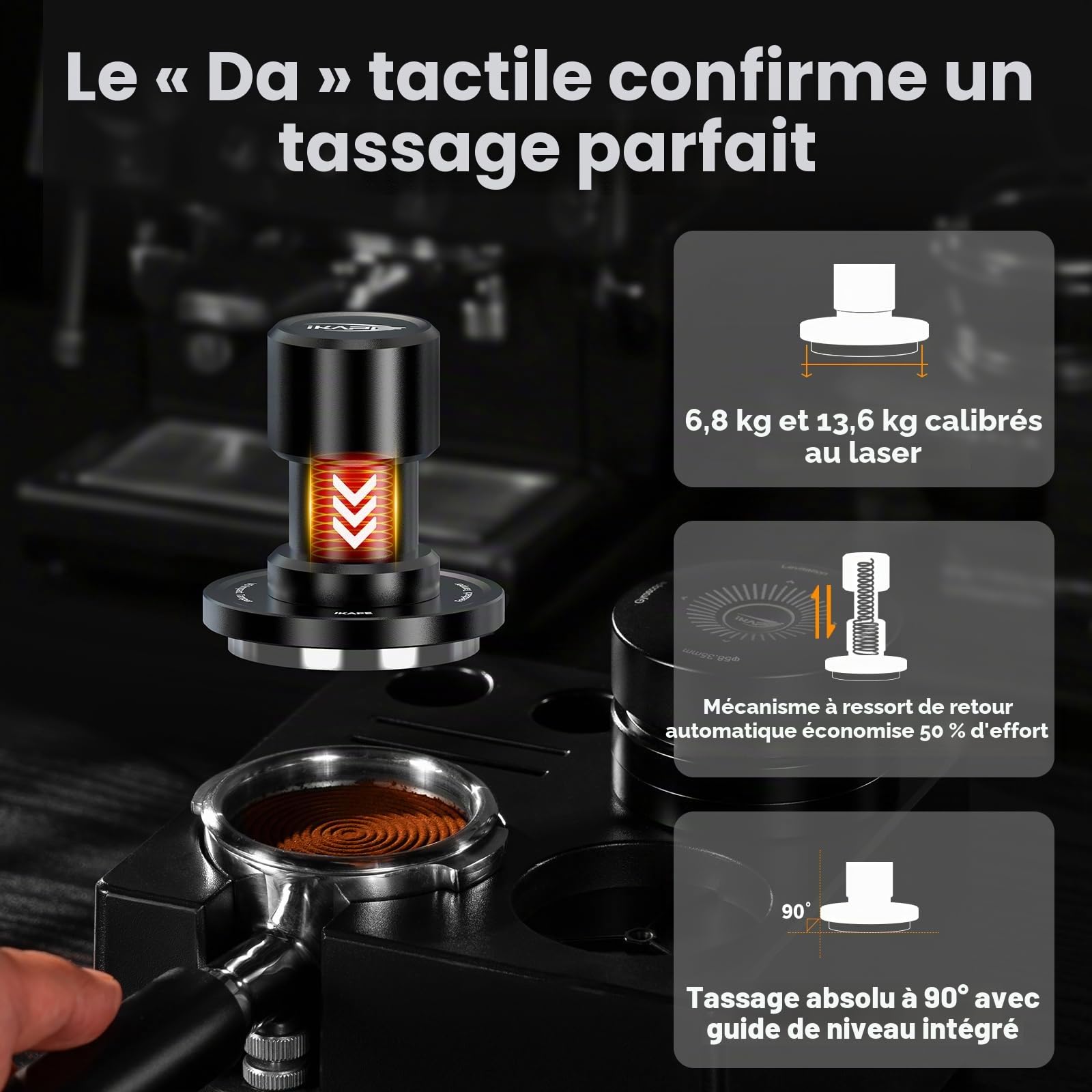 IKAPE Presse-expresso V6 Impact 58,35 mm avec retour acoustique, ressorts interchangeables (15 lb/30 lb), presse-expresso plat avec système à triple ressort, convient pour porte-filtre de 58 mm