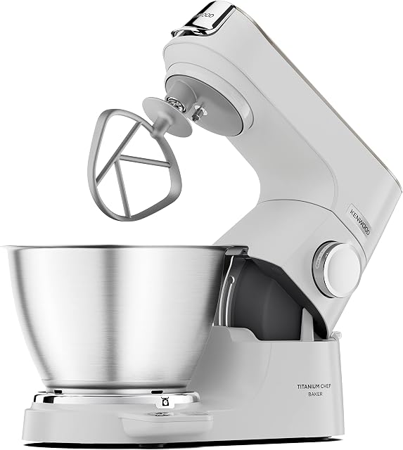 Kenwood Titanium Chef Baker XL, Kitchen Machine with K-Whisk, Stand Mixer with Kneading Hook, Whisk and 5L Bowl, KVC65.001WH, Power 1400W, White