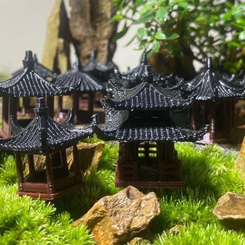 Miniatura 6 de Sosoport Mini estatua de pagoda, 2 piezas, decoración de bonsái de pagoda en miniatura, micro paisaje, figura hexagonal de pabellón, pequeño adorno