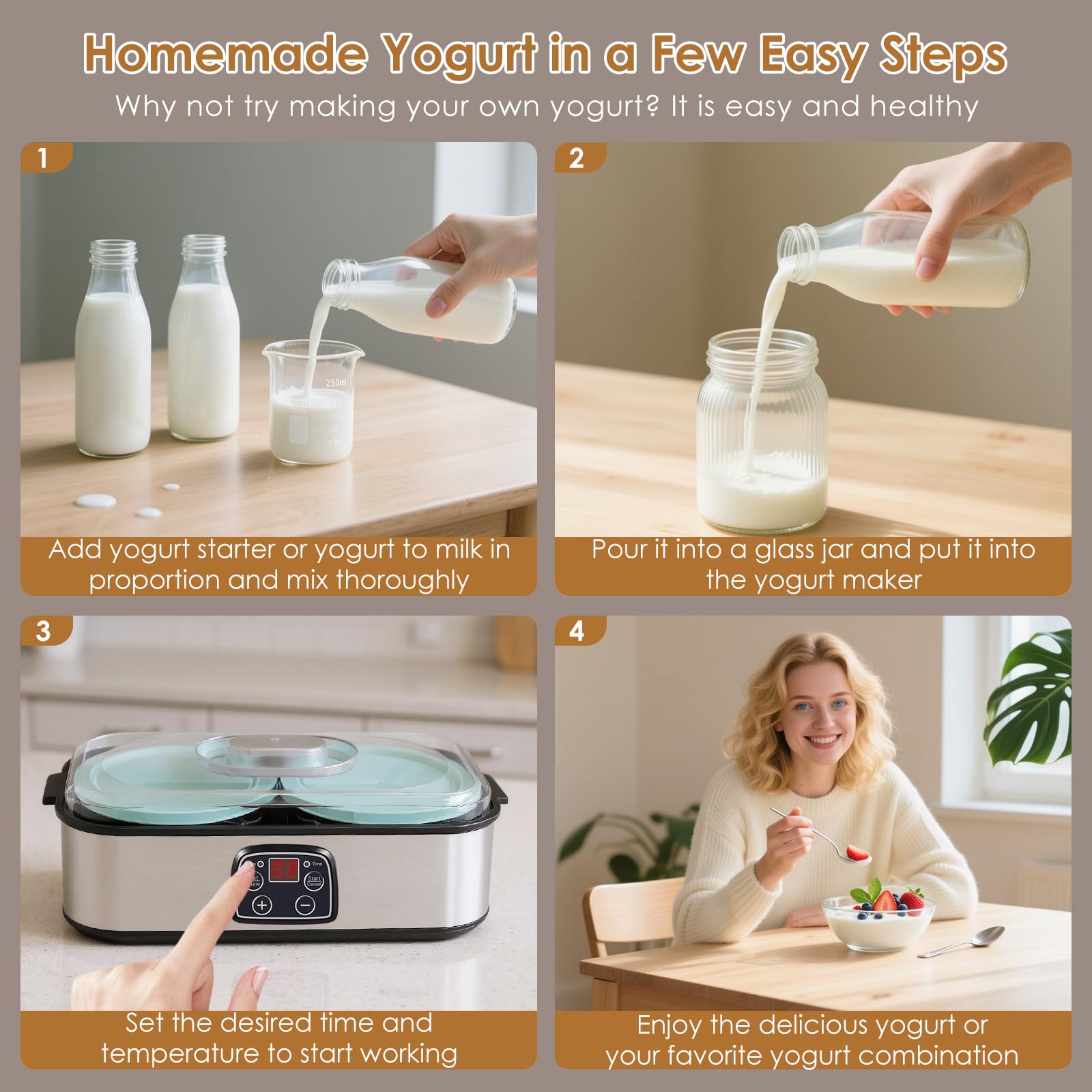Yogurtera con pantalla LED y 2 recipientes de cristal de 1000 ml, con temperatura ajustable y temporizador, para yogurt, queso, natto, postres saludables