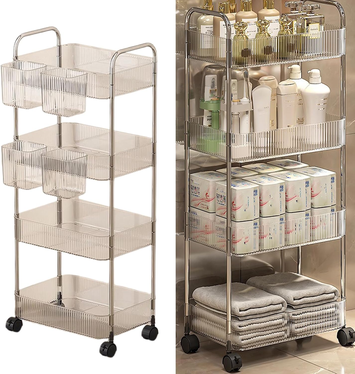 Space Efficient Rolling Cosmetic Tower Clear Storage Systems with Ergonomic Multi Shelves Organizers Cart Multi Layer Rolling Organizers for Cosmetics