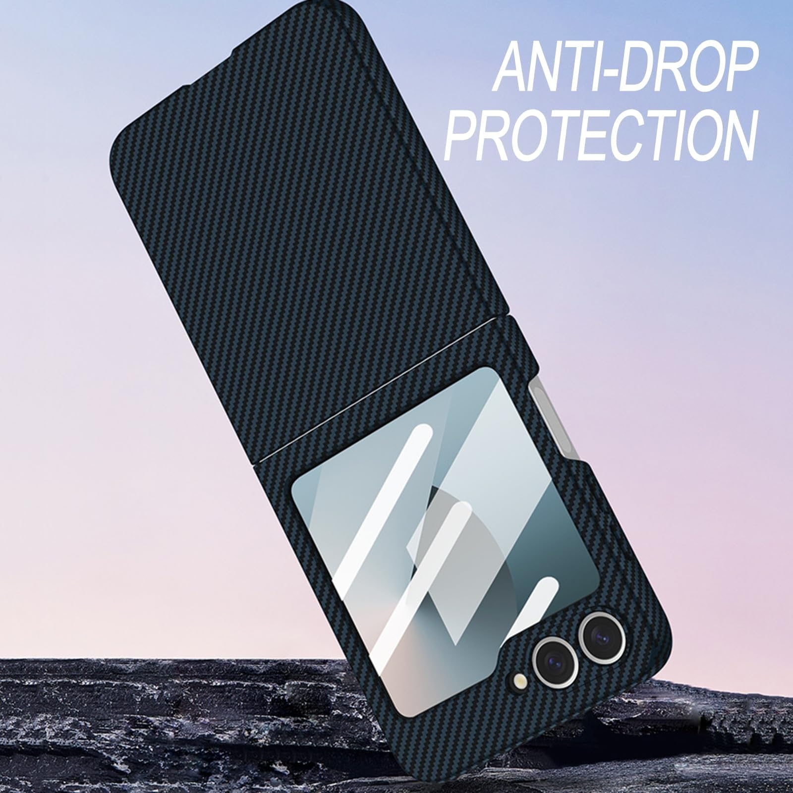 Coque pour Samsung Galaxy Z Flip 6, coque en fibre de carbone protection d'écran en cuir antichoc (noir)