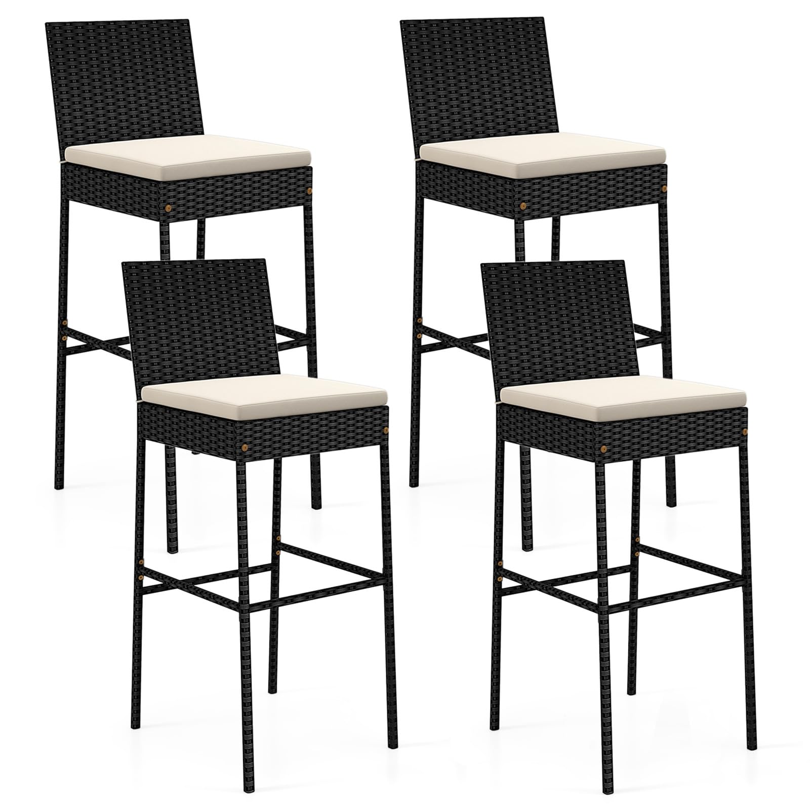 RELAX4LIFE pair of black and brown wicker bar stools with backrests and footrests