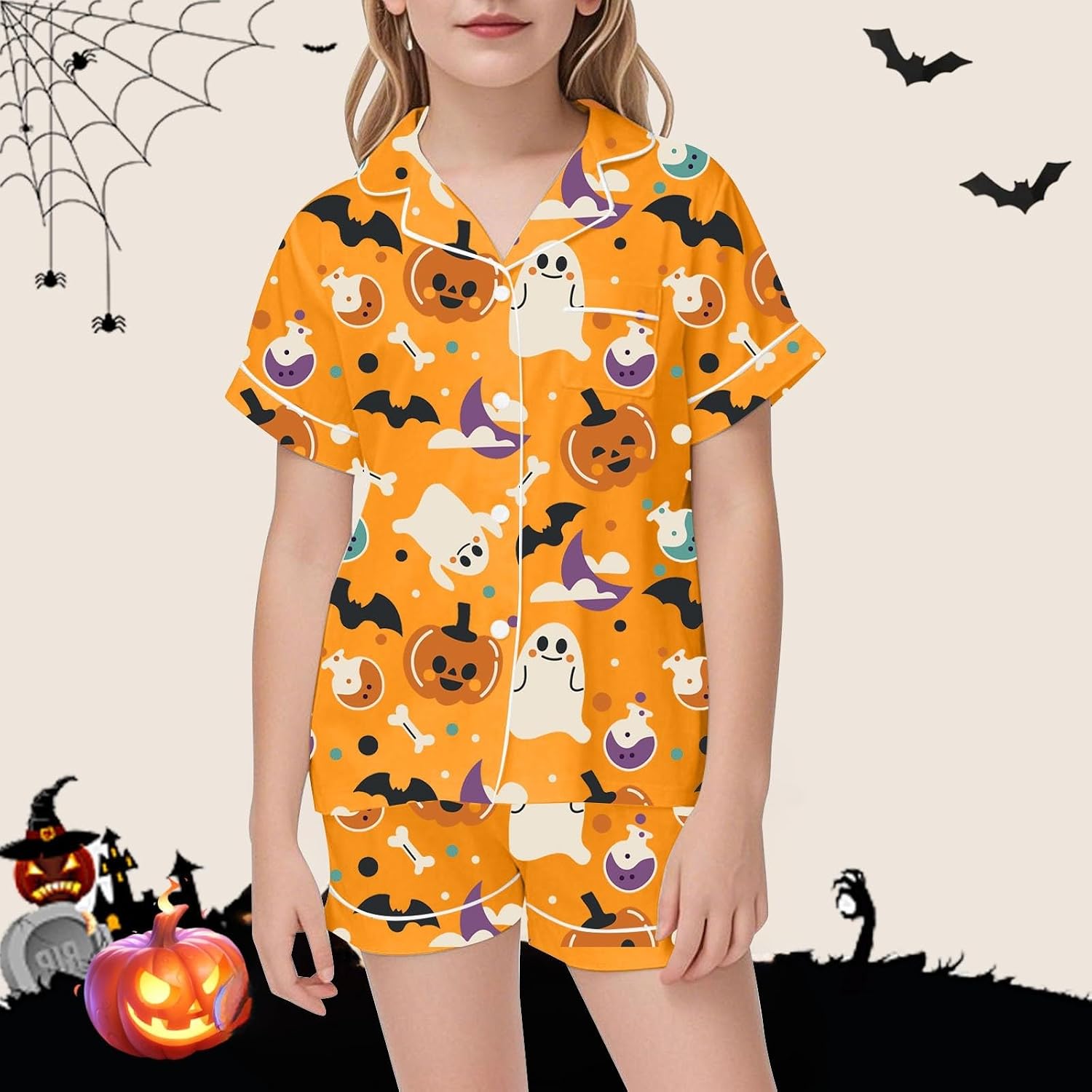 Girls Silk Satin Outfits Set Halloween Pumpkin Print Shirts and Shorts | Girls Halloween Shorts Set Ghost Print Silk Satin Short Sleeve Button Down Shirts and Shorts 2 Piece Spooky Season Clothes