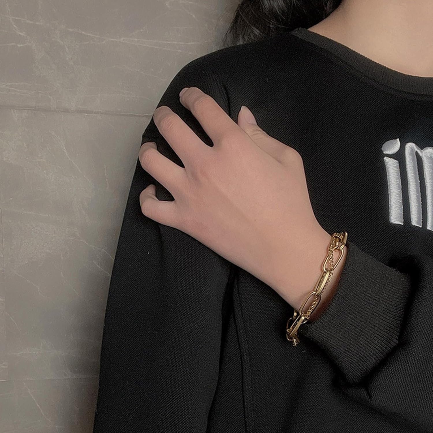 Loqimu Vintage Double Layer Chunky Bracelet Gold Titanium Steel Paper Clip Chain Link Bracelet for Women Teen Girls Fashionable Statement Wrist Jewelry - Image 6