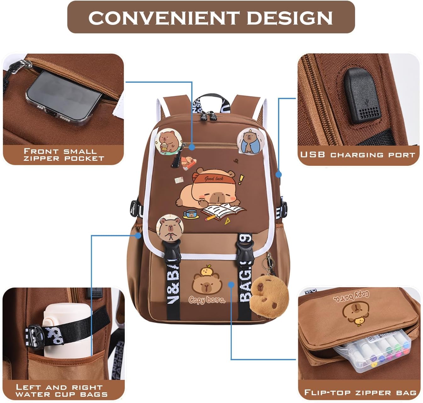 Capybara Backpack Large Capacity Waterproof stuff Cartoon backpack Cute Capybara Flap Backpack Laptop Bag Casual Daypacks - Image 4