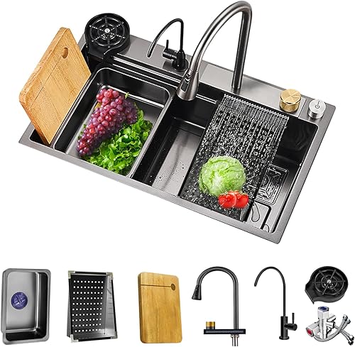 SUS304 - Fregadero de barra de cocina en cascada de acero inoxidable con arandela de vidrio con cascada negra, instalación de encimera con juego